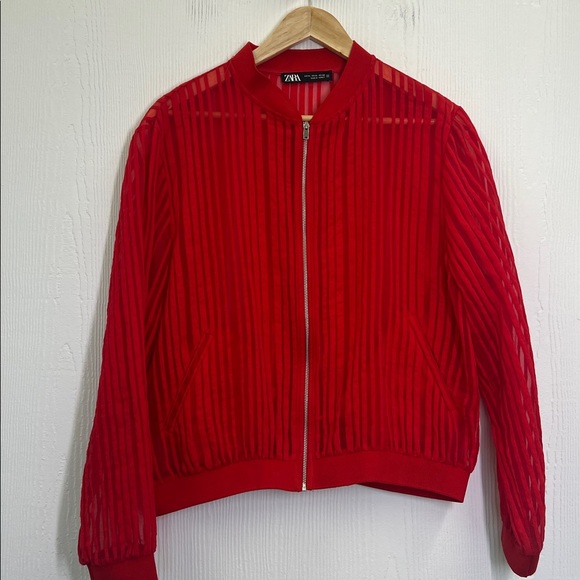 Zara - Red Striped Organza Long Sleeve  Lightweight Zipper Closure Jacket SZ XL - Picture 7 of 9